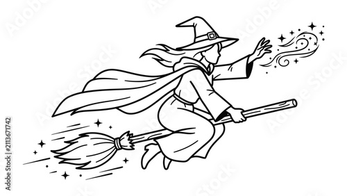 Foto Witch Flying on Broomstick with Magical Dust