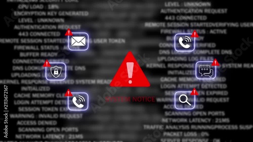 Cyber security system alert notification with digital warning and data breach error code interface displaying critical network failure and unauthorized access attempt on dark background technology