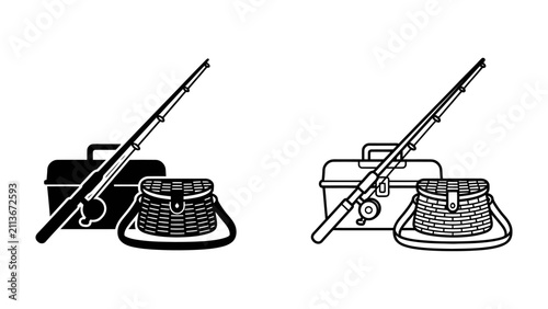 Obraz na plátne Fishing Gear Icons: A fishing rod rests against a tackle box next to a wicker creel, depicted in both solid black and outline versions, representing a hobby and outdoor pursuit
