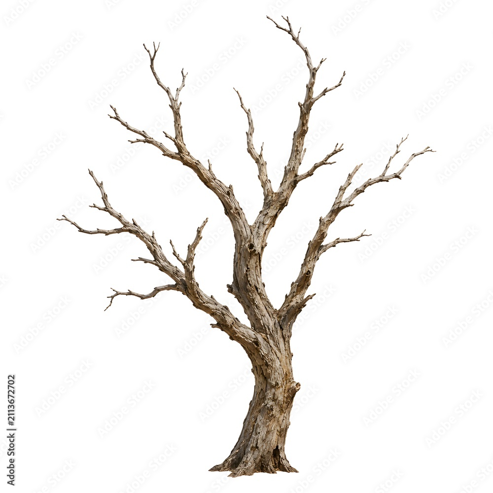 Fototapeta premium A dead tree stands alone, showing its bare branches against a white background. The tree has no leaves and shows signs of age and wear