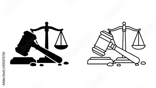 Justice Scales and Gavel Icon: A minimalist representation of legal justice, featuring a balanced scale of justice and a wooden gavel, symbolizing law, order, and arbitration.