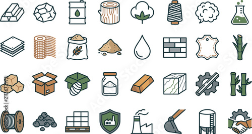 Konstfotografi Sustainable Material Production Line Icon Set with Recycled Resources, Natural F
