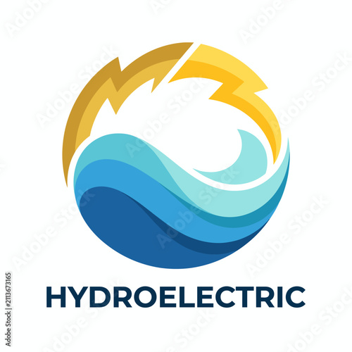 A vibrant and modern hydroelectric logo featuring stylized waves in shades of blue and yellow lightning, symbolizing energy and water in a clean, dynamic design.