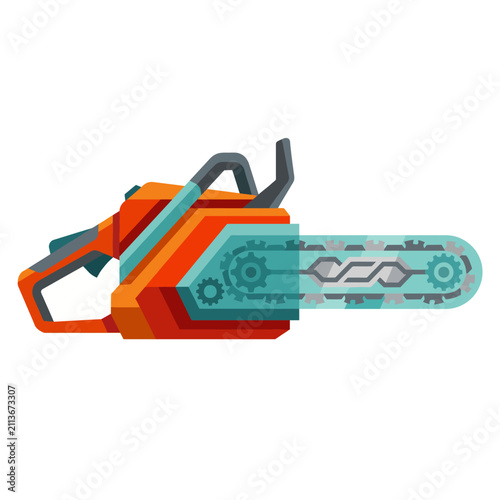 This imaginative art piece features a stylized chainsaw with intricate gears, reflecting a blend of technology and design in an innovative and colorful presentation.