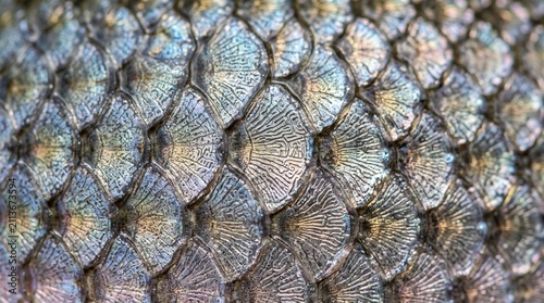 Extreme Close Up Macro Shot of Iridescent Fish Scales Showing Intricate Patterns and Textures