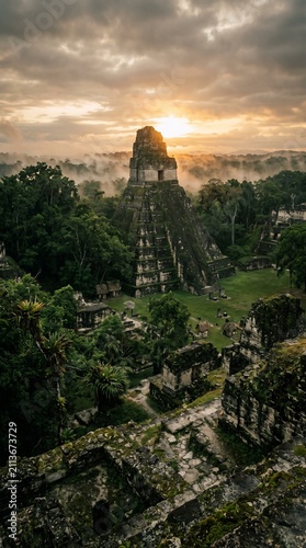 Ancient Mayan Pyramid Tikal Sunrise Overlook Jungle Mist Dramatic Sky
