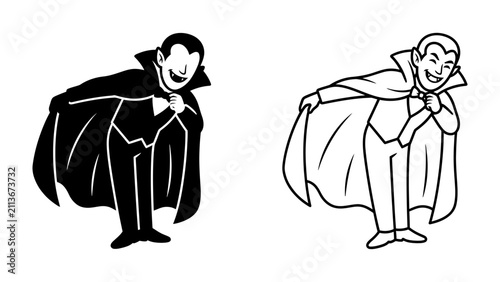 Foto Spooky Dracula Duo: A playful illustration of a classic vampire character in both silhouette and outline, ready to haunt with a mischievous grin and flowing cape