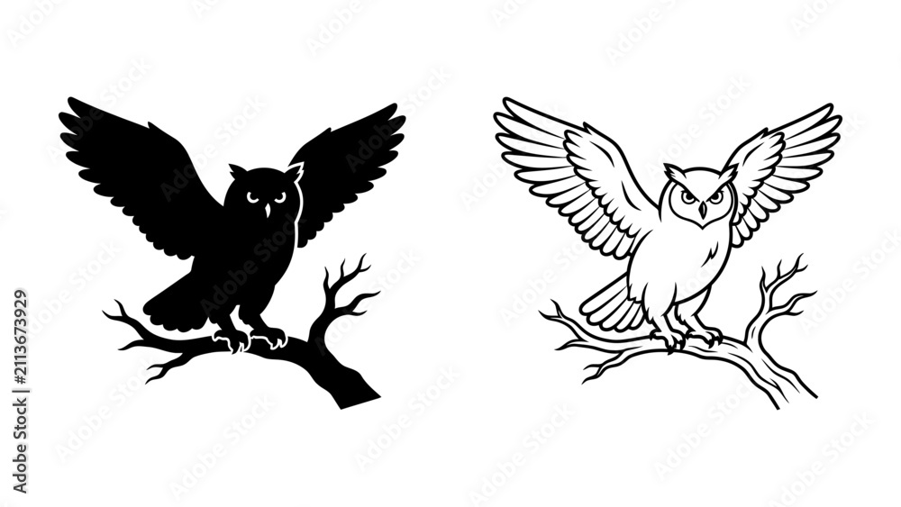 Fototapeta premium Silhouette and Outline Owl on Branch: A graphic representation of an owl in silhouette and outline form, perched on a tree branch with wings outstretched, symbolizing wisdom and nocturnal nature.