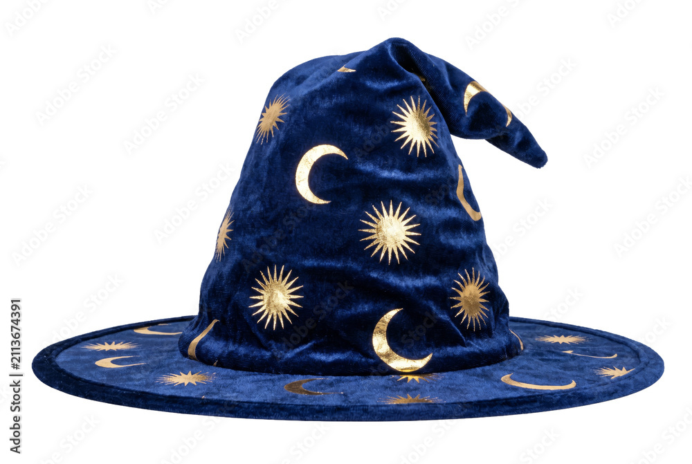 Obraz premium Blue Velvet Wizard Hat with Golden Moon and Sun Motifs