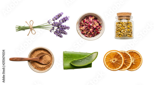 Natural organic ingredients for skincare and wellness including lavender flowers rose petals aloe vera and citrus