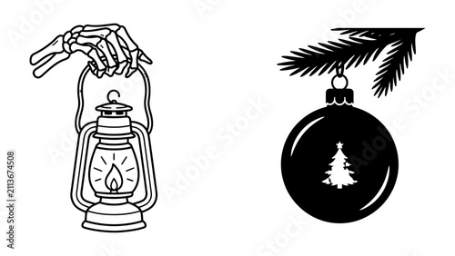 Quadro su tela Spooky Lantern and Festive Ornament: A spooky skeleton hand holds a vintage oil lantern, while a stylized Christmas ornament hangs from a pine branch, creating a unique contrast of themes