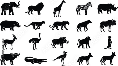 Canvas Print African Safari Wild Animals Black Silhouette Icon Set Featuring Savannah Fauna S