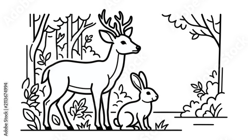 Foto Forest Friends: A majestic deer with impressive antlers stands beside a small rabbit in a stylized forest scene, capturing a moment of peaceful coexistence in nature