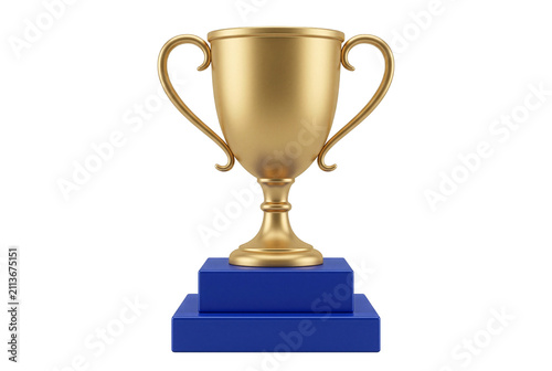 Fotografía Golden championship award trophy on two tier blue pedestal