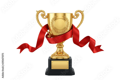 Foto Golden Trophy Cup Wrapped in Elegant Red Ribbon