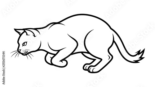Foto Feline Predator: A stylized black and white illustration of a cat crouched, ready to pounce, its focus intent and its body coiled with anticipation