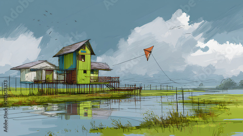 A simple, clean, abstract painting of a classic house.