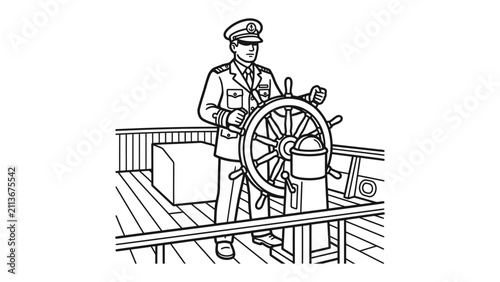 Captain's Helm: A commanding captain in uniform stands at the helm of a ship, expertly guiding its course through the open sea.