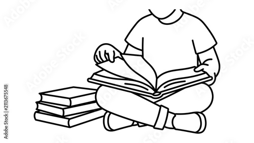 Картината върху платно Student Reading Books: A child sits cross-legged, engrossed in an open book, with a stack of other books beside them, symbolizing learning and knowledge