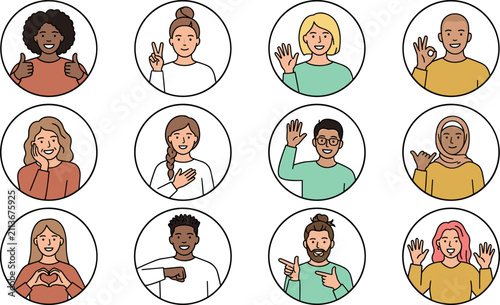 Sign Language Communication Illustration Set with Diverse People Using Hand Gestures, Inclusive Expressions, Accessibility, and Flat Cartoon Vector Collection
