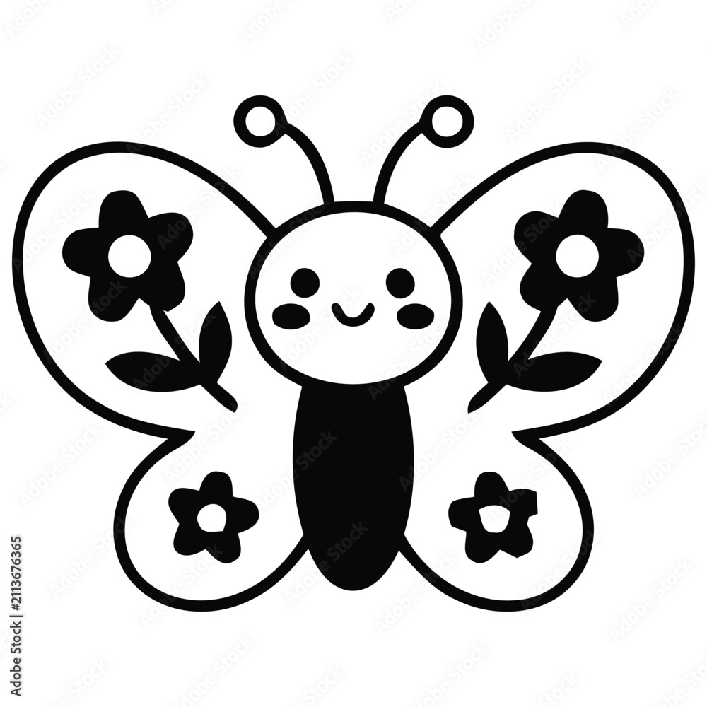 Fototapeta premium Premium Cute Kawaii Floral Butterfly Line Art Vector Illustration For Kids Coloring Pages