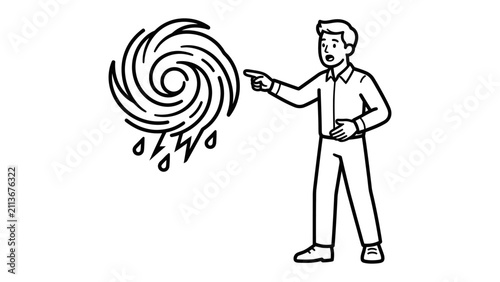 Fotografía Warning of a Storm: A surprised man in a collared shirt points with alarm at a swirling storm symbol, depicting weather warnings or a looming crisis