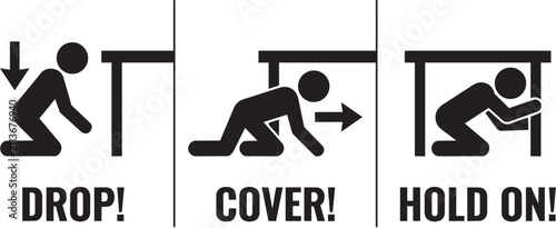 Emergency safety infographic showing drop cover and hold on steps for earthquake protection, black icons on white background