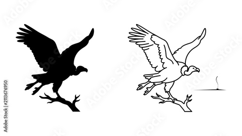 Fotografía Vulture Perched on Branch: A graphic illustration depicting a vulture, shown both as a silhouette and in detailed outline, perched on a bare branch with a wisp of smoke rising in the background