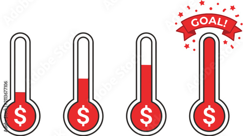 Four fundraising goal thermometers with dollar signs, showing progress towards financial targets with a success banner icon.