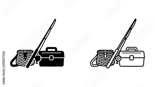 Obraz na płótnie Fishing Gear Collection: A minimalist depiction of essential fly fishing equipment, including a rod, tackle box, and creel, presented in both a solid silhouette and an outline style