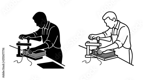 Fotografie Bookbinding: A craftsman meticulously binds a book using traditional tools, demonstrating the artistry and precision of the craft in both silhouette and line art