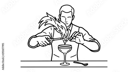 Foto Bartender Flair: A skilled bartender ignites a cocktail, creating a dramatic flame above the glass, showcasing an artful flair and a passion for mixology in a stylish presentation