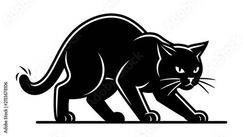 Foto Intense Black Cat: A stylized illustration of a sleek black cat in a tense, low crouch, its eyes fixed intently forward, exuding an aura of focused energy and mystery
