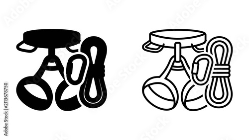 Quadro su tela Rock Climbing Gear Icons: A set of stylized icons depicting essential rock climbing equipment, including a harness, carabiner, and rope, ready for adventure