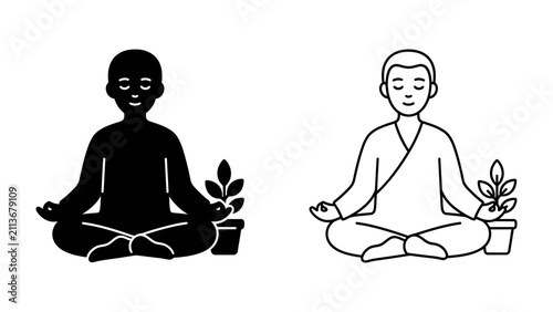 Fotografía Zen Meditation Duo: Two figures, one a silhouette and the other an outline, sit in the lotus position, meditating serenely beside a potted plant, embodying peace and mindfulness