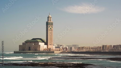 Majestic Hassan II Mosque on the Atlantic Coast of Casablanca. Vertical video