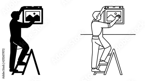 Hanging Picture on Wall: A person standing on a stepladder carefully hangs a framed picture on a wall, depicting a mountain landscape.