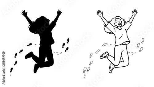 Obraz na plátně Joyful Silhouette: A vibrant silhouette of a woman jumping with her arms outstretched, symbolizing freedom and exhilaration, accompanied by her playful footprints