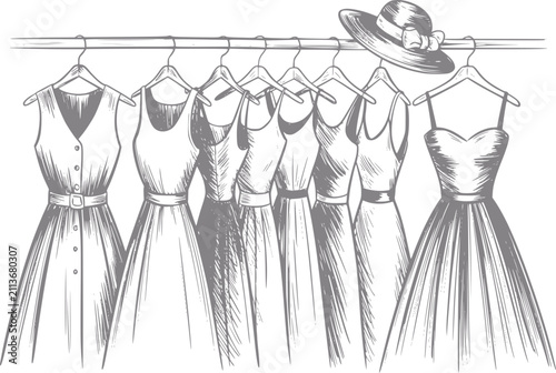 Obraz na plátně Dibujo a mano de un perchero con varios vestidos de verano y un elegante sombrer