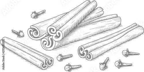 Canvastavla Dibujo a mano de ramas de canela aromáticas y clavos enteros para uso culinario