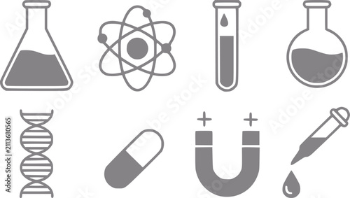 Foto Conjunto de iconos planos de ciencia y laboratorio con equipo de química, ADN, á