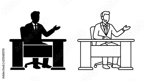 Canvastavla Business Meeting Icon: A businessman sitting at his desk, gesturing to explain a point, presented in both a solid silhouette and a clean line drawing style
