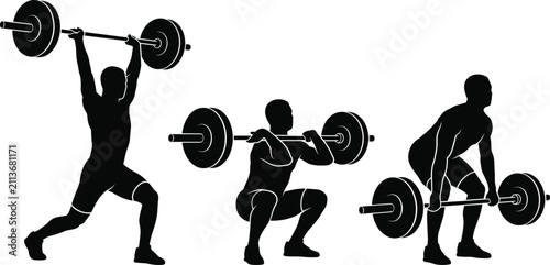 Foto Male weightlifter performing barbell snatch and clean jerk sequence vector silho