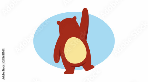 Foto Cute brown cartoon bear reaching high with one arm, balancing on one leg