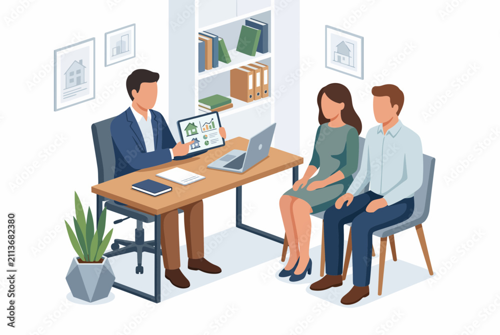 Fototapeta premium Couple Consulting Financial Advisor for Home Purchase Isometric