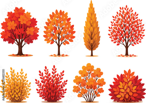 Collection of various autumn trees and bushes with vibrant orange and red foliage isolated on transparent background