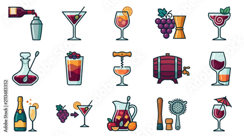Bild auf Leinwand Collection of colorful cocktail and bar icons for drinks.