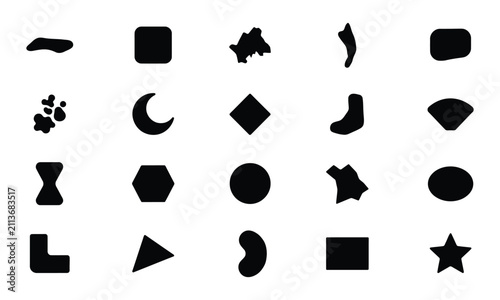 Collection of twenty diverse solid black geometric and organic shapes on a white background