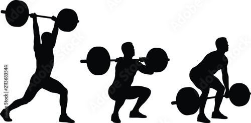 Bild auf Leinwand Male weightlifter performing barbell snatch and clean jerk sequence vector silho
