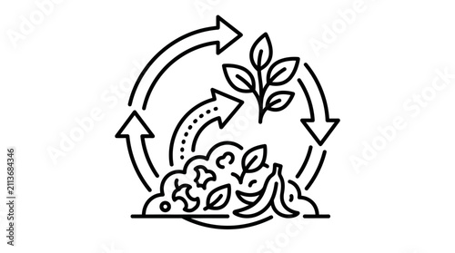 Industrial Recycling Process Circular Arrows with Plant Growth and Seedlings in Monochrome Line Art